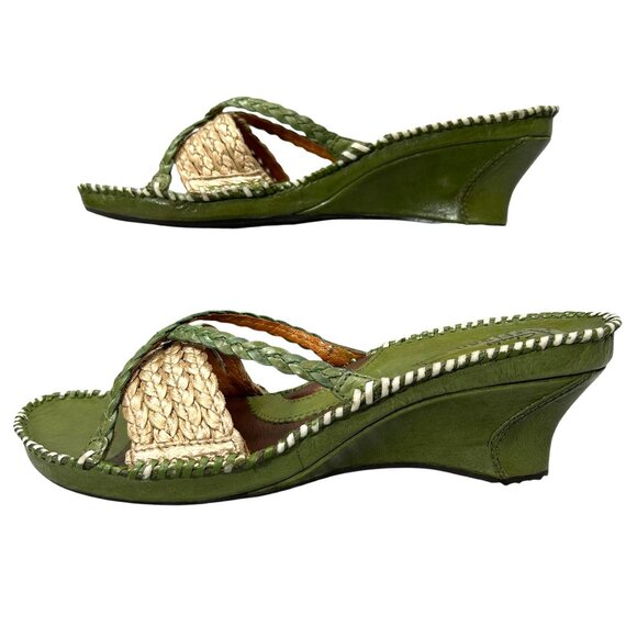 Clarks Artisan NWOB Vintage Olive Green Woven Wedge Heel Sandal Size 7.5 - Picture 1 of 10